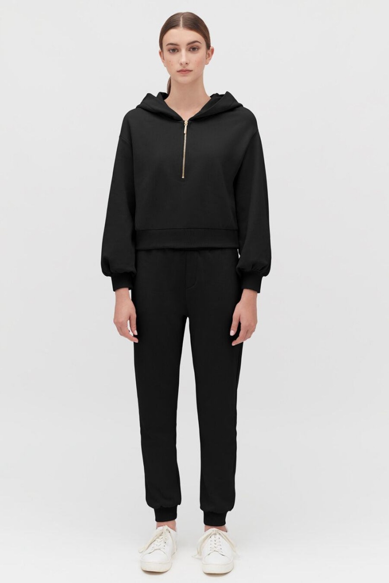 Sweat a Capuche Cuyana Fleece Cropped Zip Noir Femme | TAI-7342324