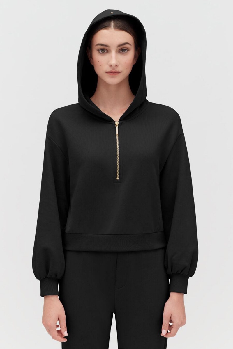 Sweat a Capuche Cuyana Fleece Cropped Zip Noir Femme | TAI-7342324