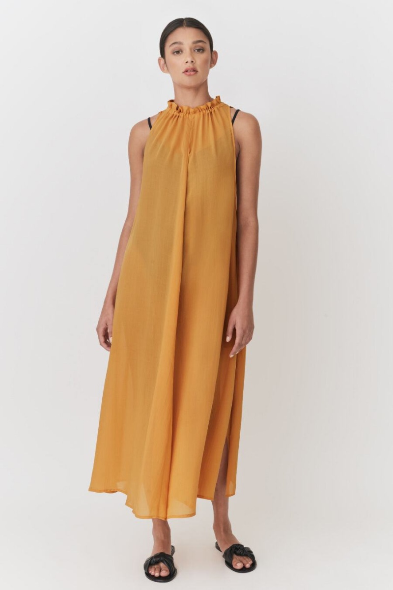 Peignoir Cuyana Gathered-Neck Maxi Cover Up Jaune Femme | JSN-9190249