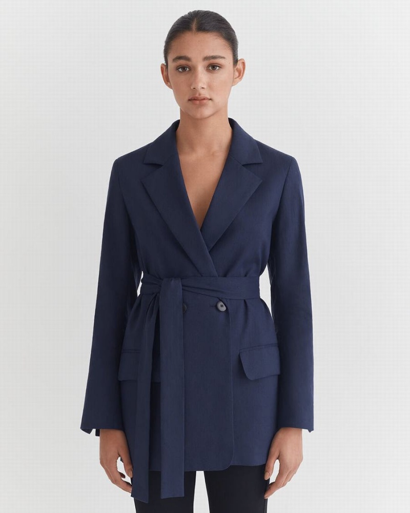 Blazer Cuyana Linen Relaxed Bleu Marine Femme | GVG-3230971