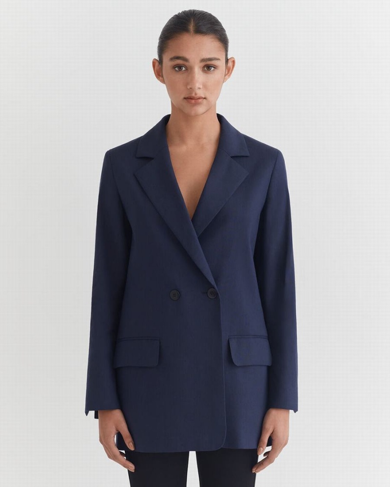 Blazer Cuyana Linen Relaxed Bleu Marine Femme | GVG-3230971