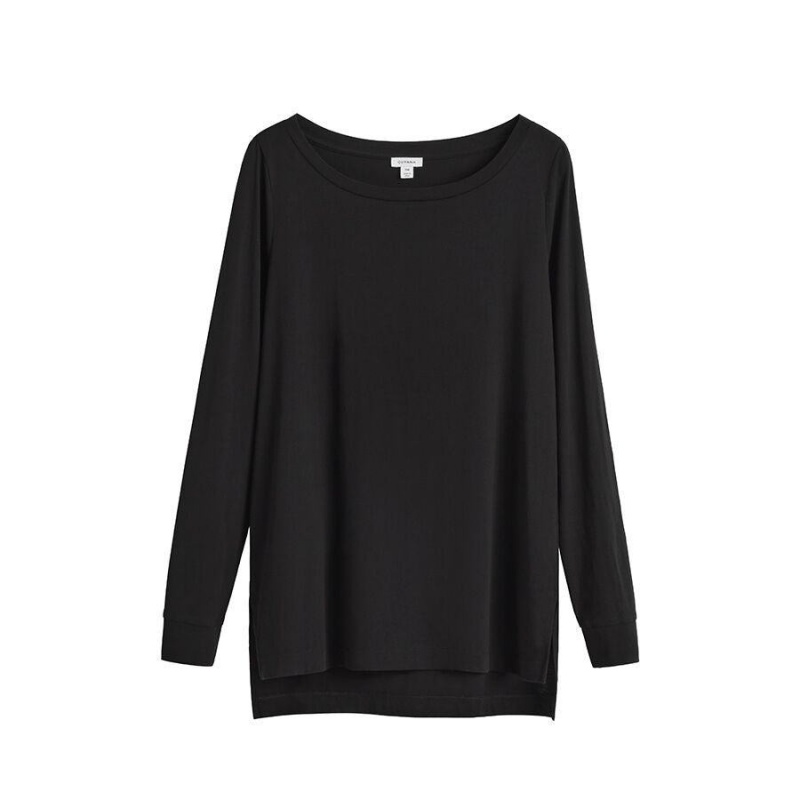 T Shirts Cuyana Pima Boatneck Long Sleeve Tee Noir Femme | LJY-4355051