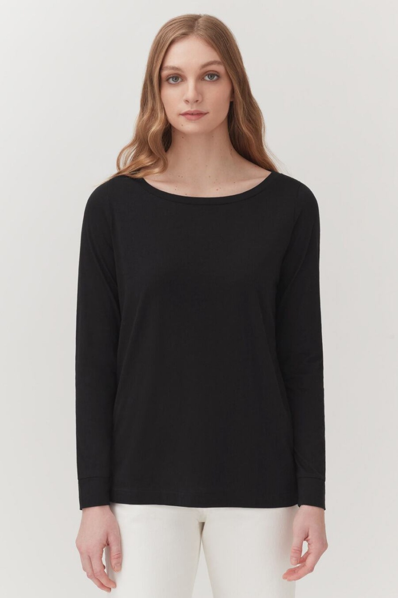 T Shirts Cuyana Pima Boatneck Long Sleeve Tee Noir Femme | LJY-4355051