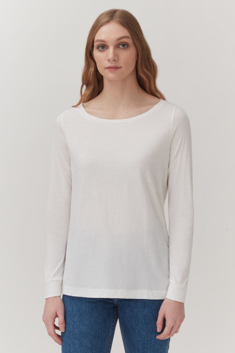 T Shirts Cuyana Pima Boatneck Long Sleeve Tee Blanche Femme | GGW-3986704