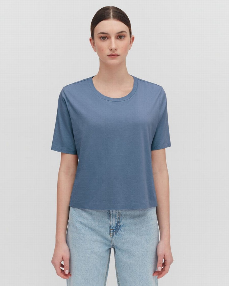 T Shirts Cuyana Pima Cropped Tee Bleu Femme | NWB-6954751