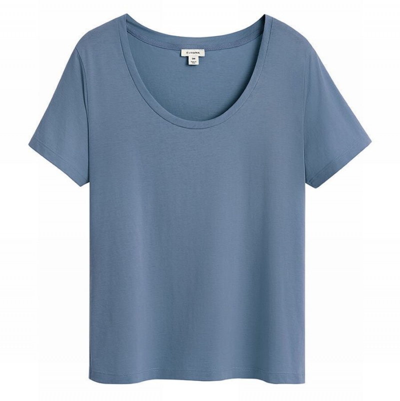 T Shirts Cuyana Pima Scoop Neck Tee Bleu Femme | UFH-5421886