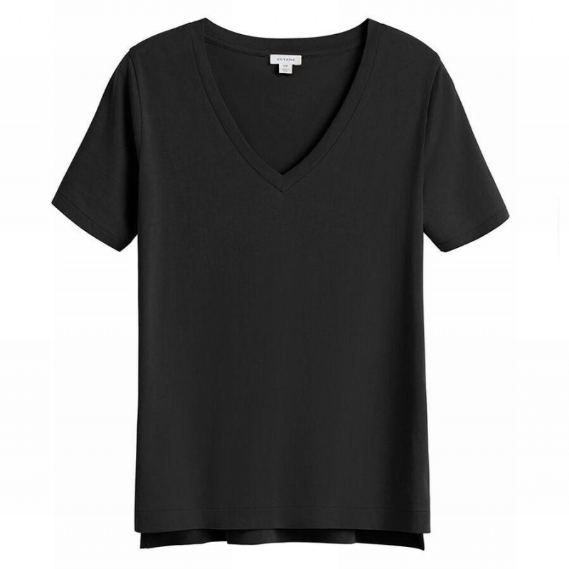 T Shirts Cuyana Pima V-Neck Tee Noir Femme | VXI-9043721