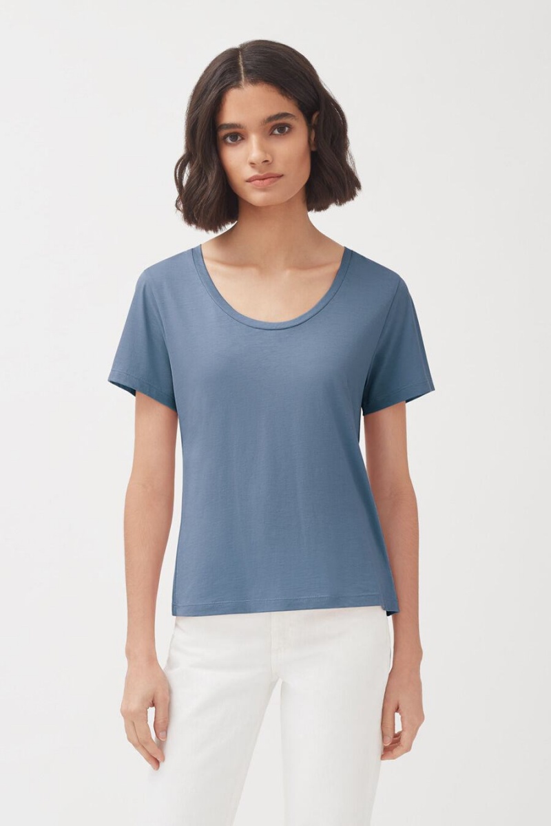 T Shirts Cuyana Pima Scoop Neck Tee Bleu Femme | UFH-5421886