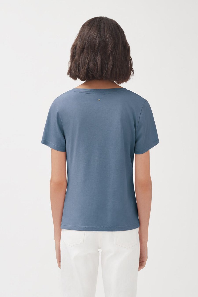 T Shirts Cuyana Pima Scoop Neck Tee Bleu Femme | UFH-5421886