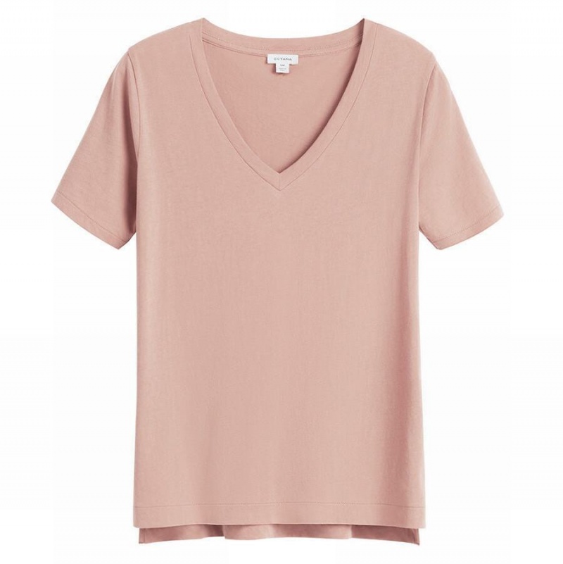 T Shirts Cuyana Pima V-Neck Tee Rose Femme | UWW-5857355