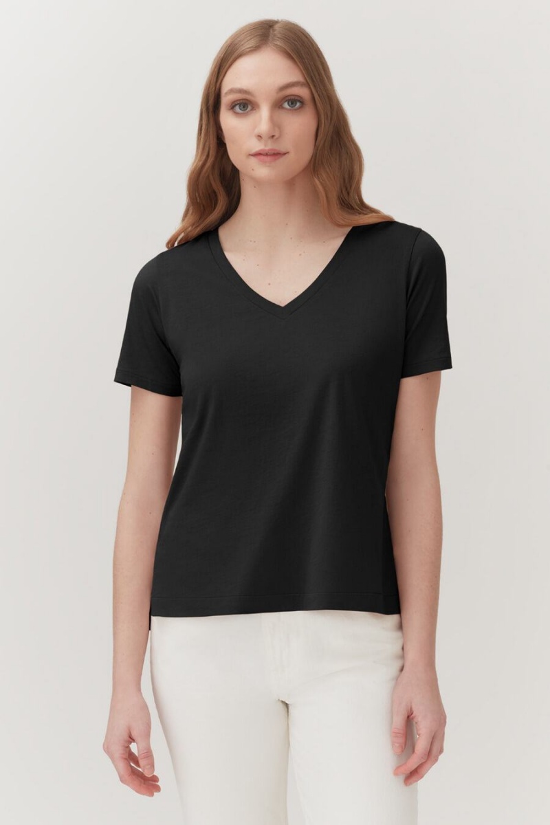 T Shirts Cuyana Pima V-Neck Tee Noir Femme | VXI-9043721