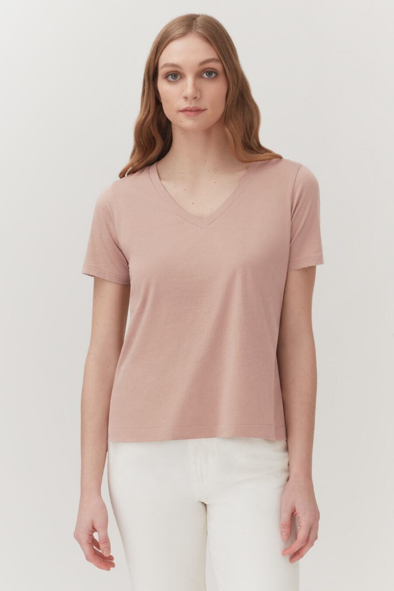 T Shirts Cuyana Pima V-Neck Tee Rose Femme | UWW-5857355