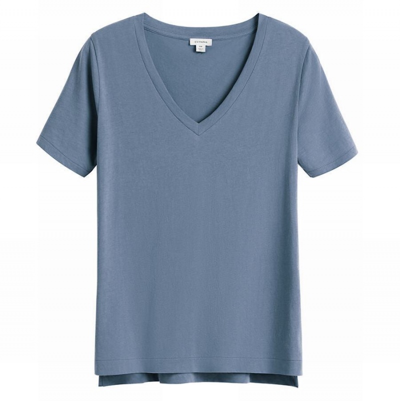 T Shirts Cuyana Pima V-Neck Tee Bleu Femme | QMW-9762599