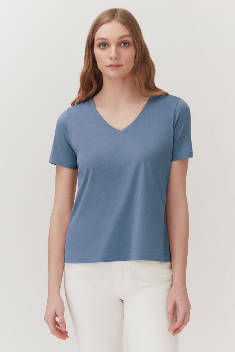 T Shirts Cuyana Pima V-Neck Tee Bleu Femme | QMW-9762599