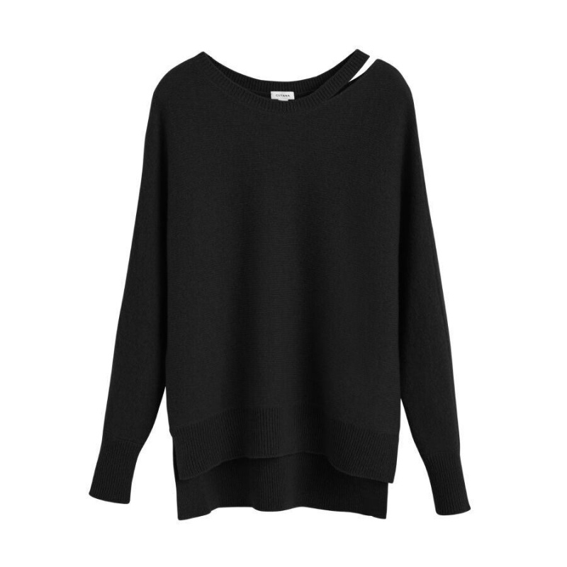 Chandails Cuyana Recycled Cashmere Split-Neck Noir Femme | XIU-4243912