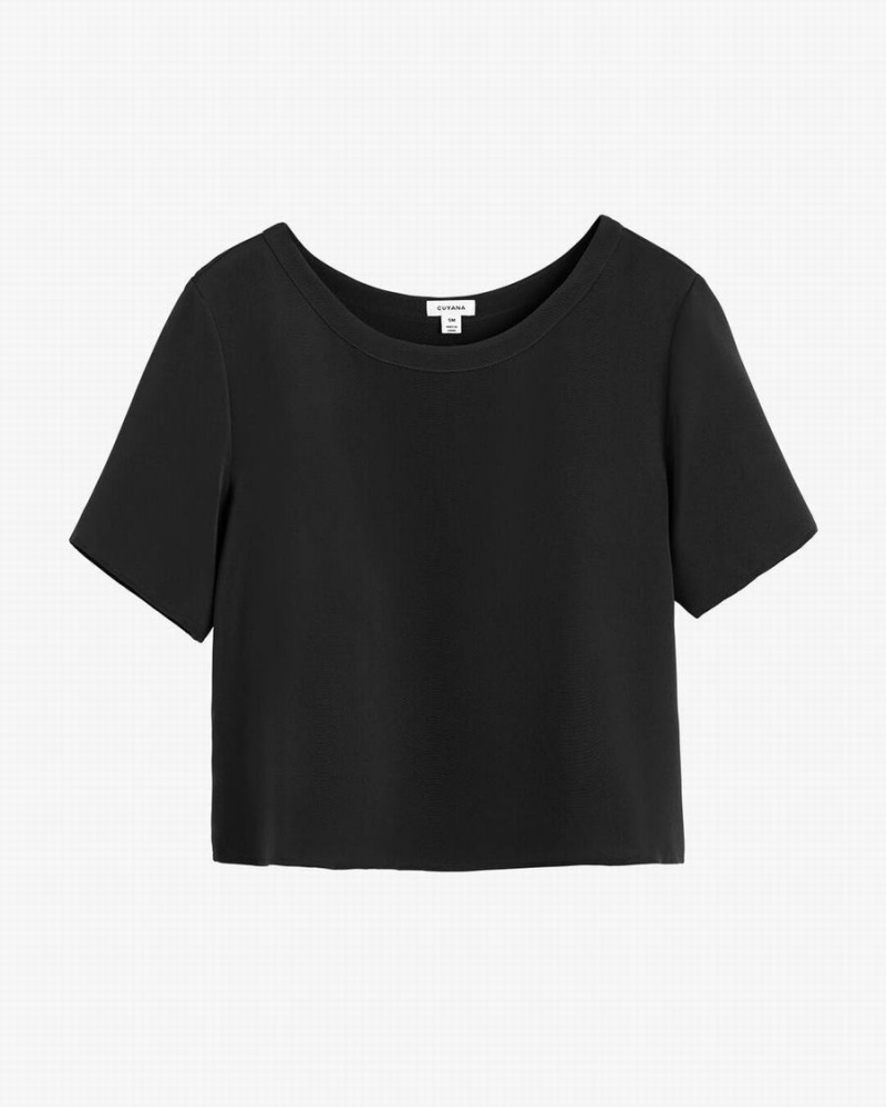 T Shirts Cuyana Silk Cropped Crewneck Tee Noir Femme | QDV-6361046