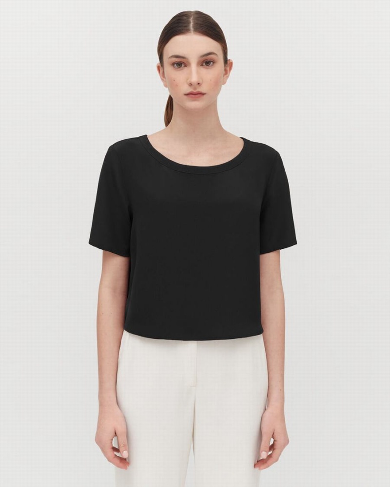 T Shirts Cuyana Silk Cropped Crewneck Tee Noir Femme | QDV-6361046