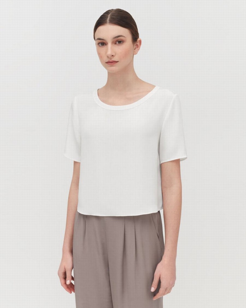 T Shirts Cuyana Silk Cropped Crewneck Tee Blanche Femme | PNN-2421531