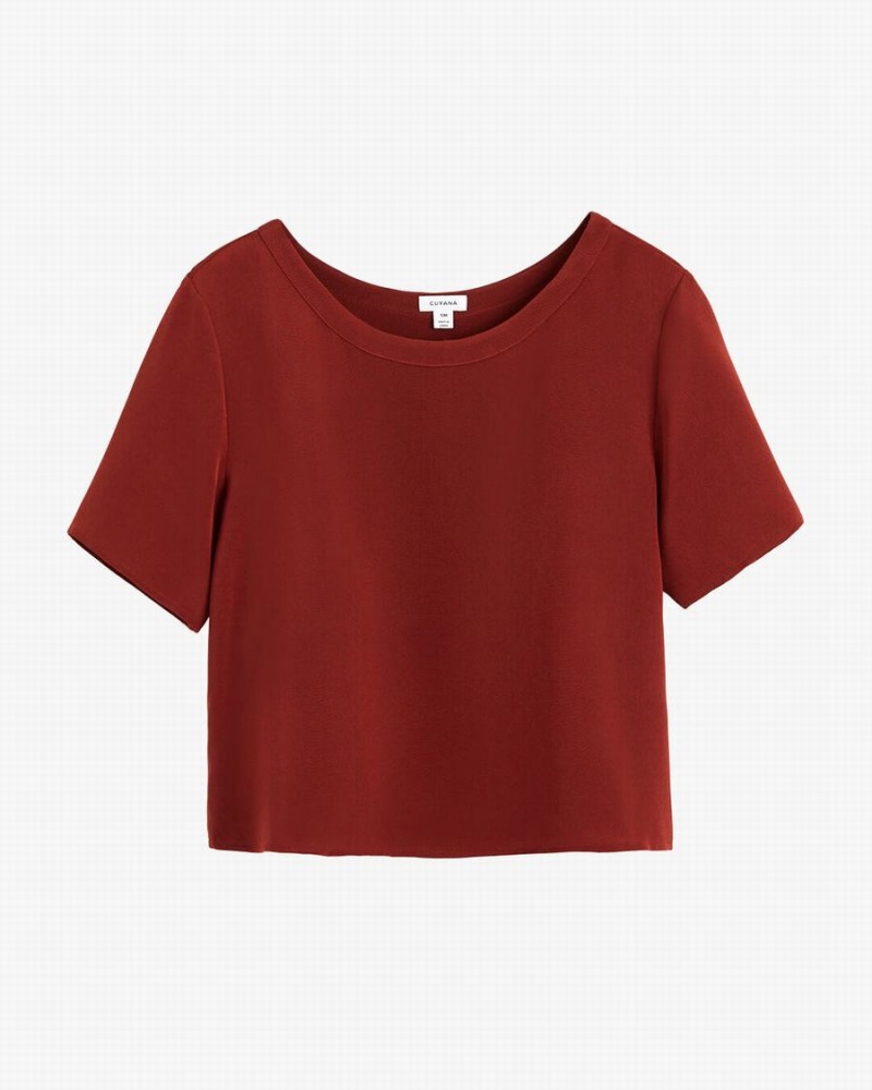 T Shirts Cuyana Silk Cropped Crewneck Tee Rouge Foncé Femme | SKA-8246832