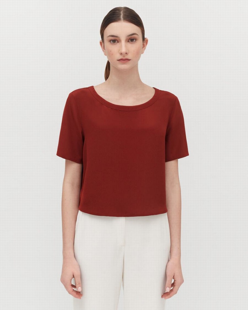 T Shirts Cuyana Silk Cropped Crewneck Tee Rouge Foncé Femme | SKA-8246832