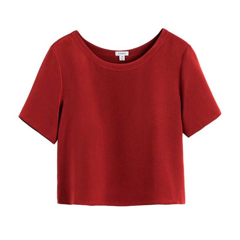 T Shirts Cuyana Silk Cropped Crewneck Tee Rouge Femme | SLN-7375043