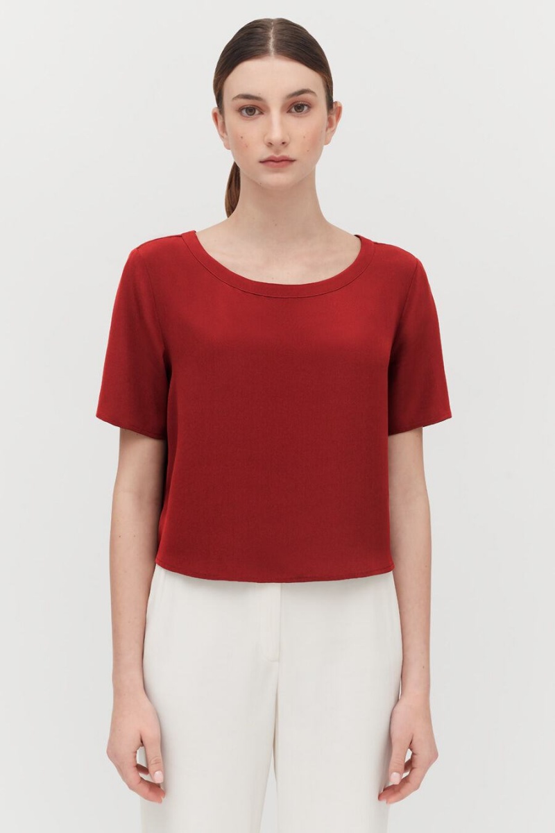 T Shirts Cuyana Silk Cropped Crewneck Tee Rouge Femme | SLN-7375043