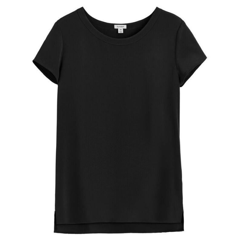 T Shirts Cuyana Silk High-Low Tee Noir Femme | KNT-9009744