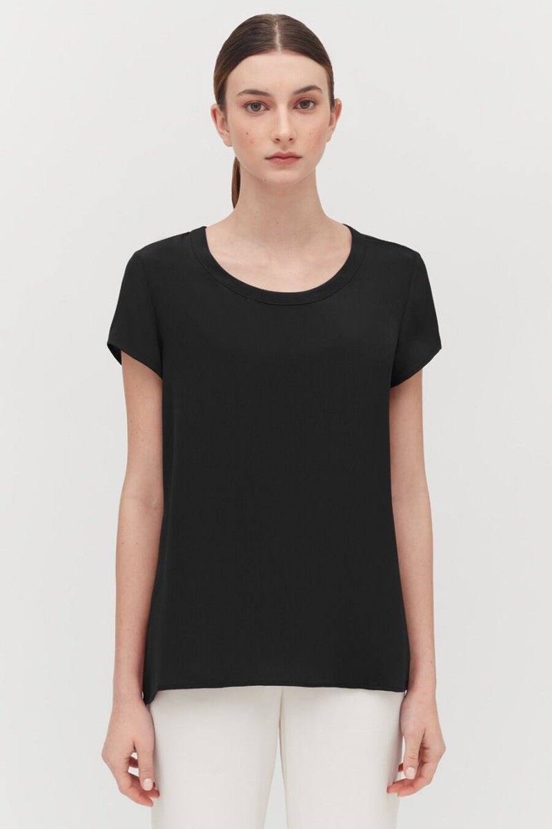 T Shirts Cuyana Silk High-Low Tee Noir Femme | KNT-9009744