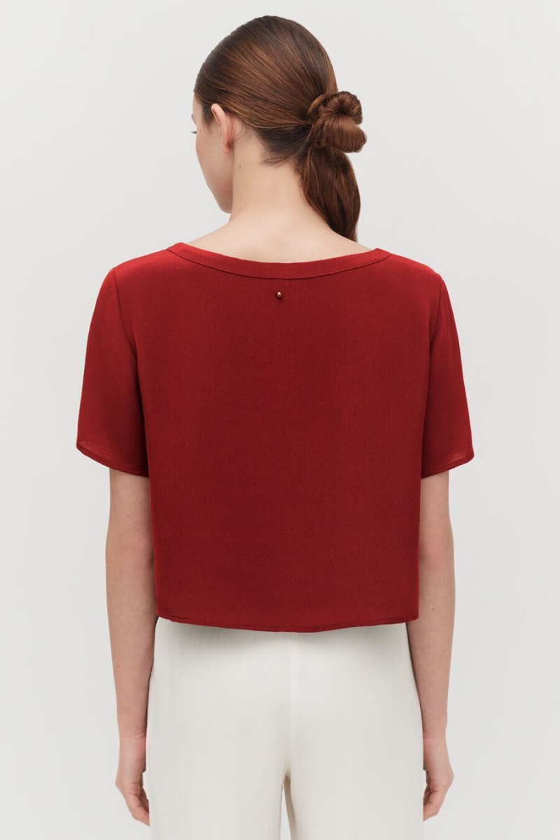 T Shirts Cuyana Silk Cropped Crewneck Tee Rouge Femme | SLN-7375043