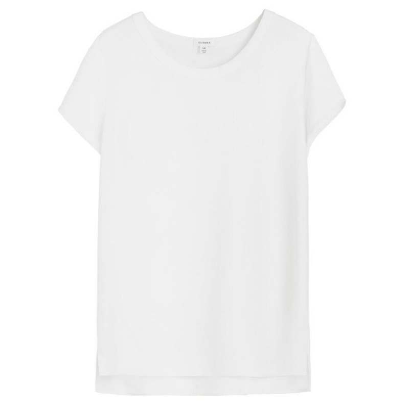 T Shirts Cuyana Silk High-Low Tee Blanche Femme | HER-2451801