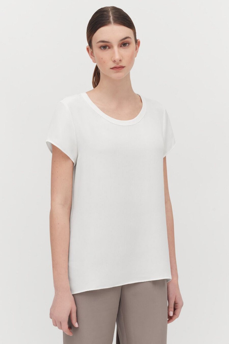 T Shirts Cuyana Silk High-Low Tee Blanche Femme | HER-2451801