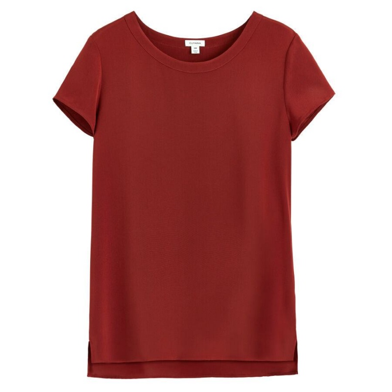 T Shirts Cuyana Silk High-Low Tee Rouge Foncé Femme | VRN-5114471