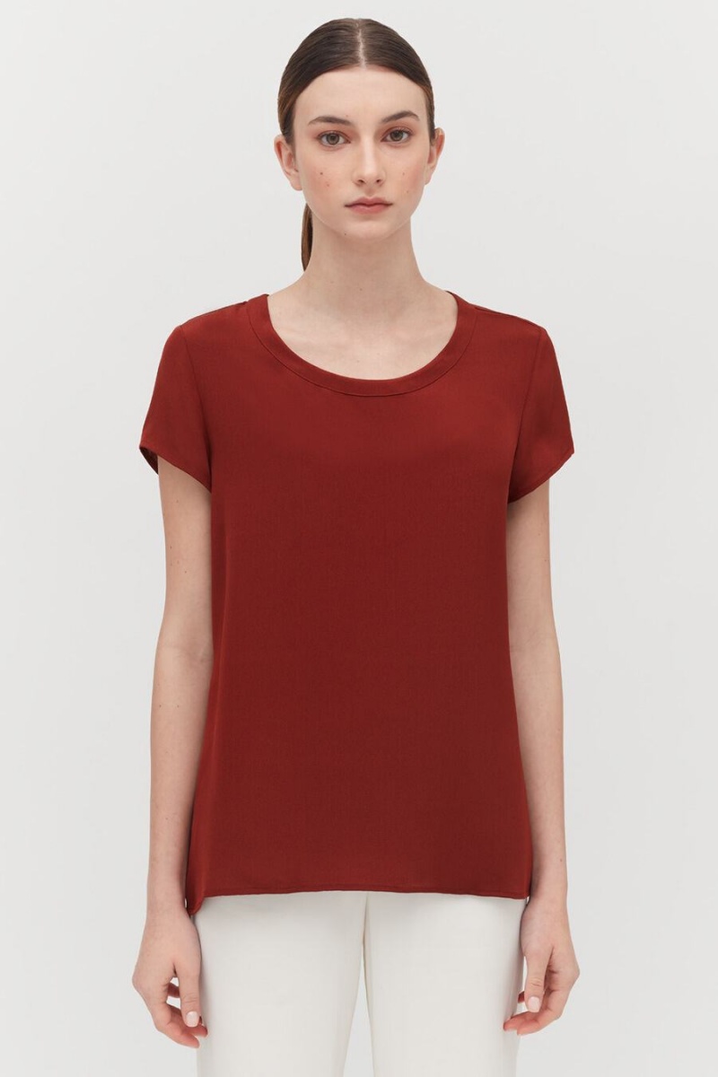 T Shirts Cuyana Silk High-Low Tee Rouge Foncé Femme | VRN-5114471