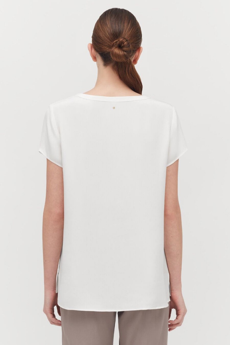 T Shirts Cuyana Silk High-Low Tee Blanche Femme | HER-2451801