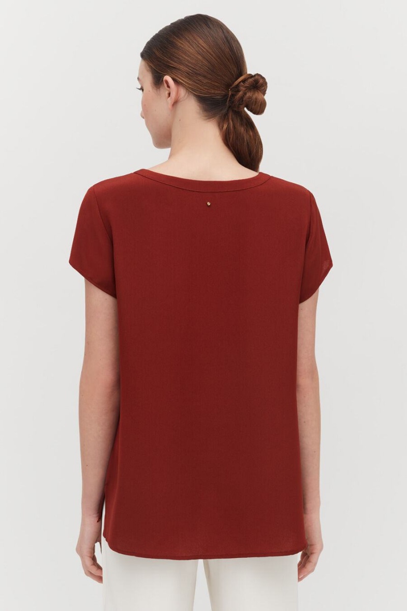 T Shirts Cuyana Silk High-Low Tee Rouge Foncé Femme | VRN-5114471