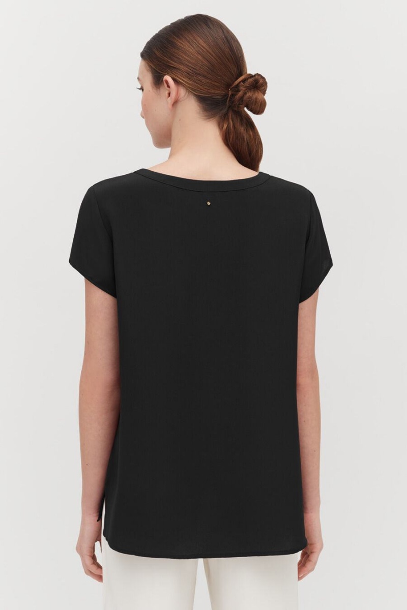 T Shirts Cuyana Silk High-Low Tee Noir Femme | KNT-9009744