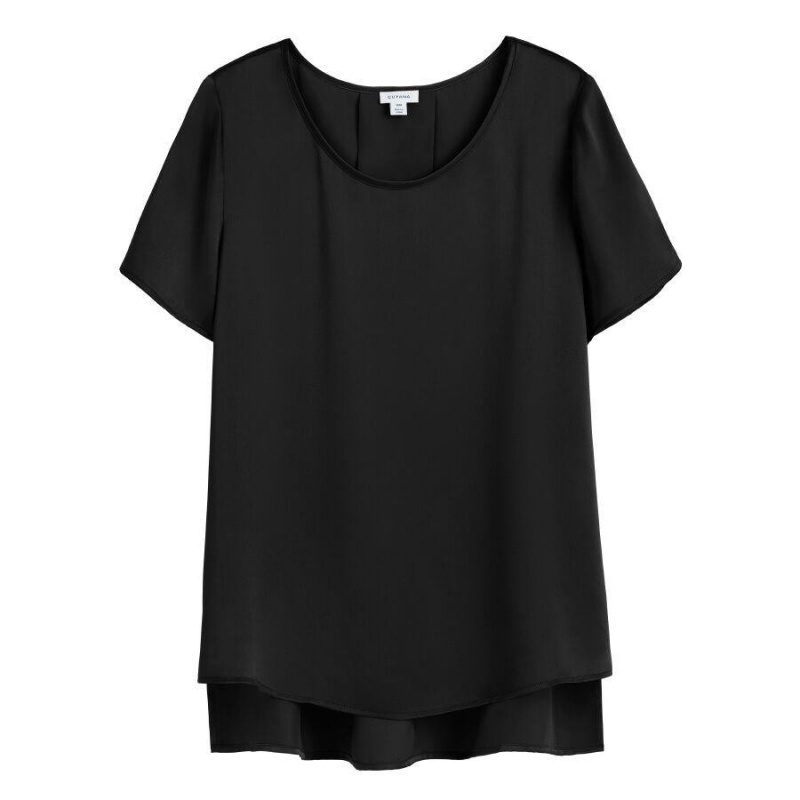 T Shirts Cuyana Washable Charmeuse High-Low Top Noir Femme | MHF-5837832