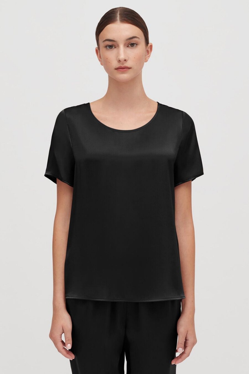 T Shirts Cuyana Washable Charmeuse High-Low Top Noir Femme | MHF-5837832